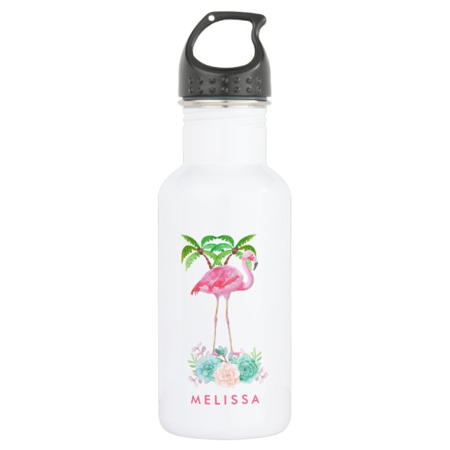 Pink Flamingo Palm trees and Floral Succulents Water Bottle (Front)