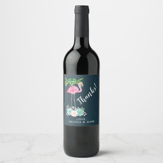 Pink Flamingo Palm trees and Floral Succulents Wine Label (Front)