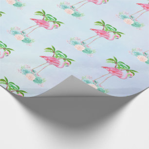 Pink Flamingo Palm trees and Floral Succulents Wrapping Paper