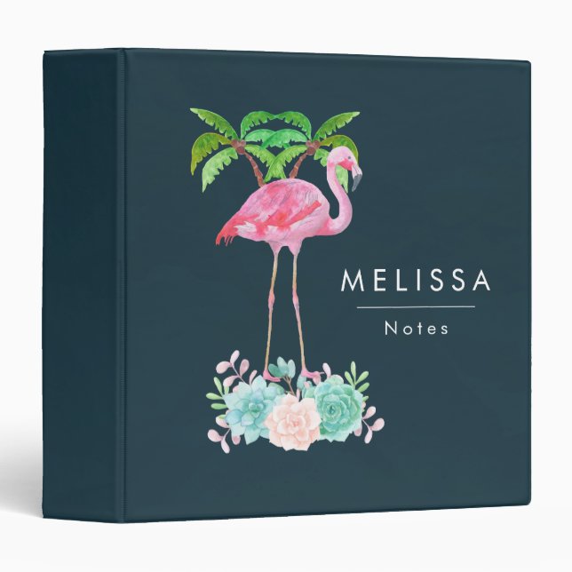 Pink Flamingo Palm trees and Succulents 3 Ring Binder (Front/Spine)