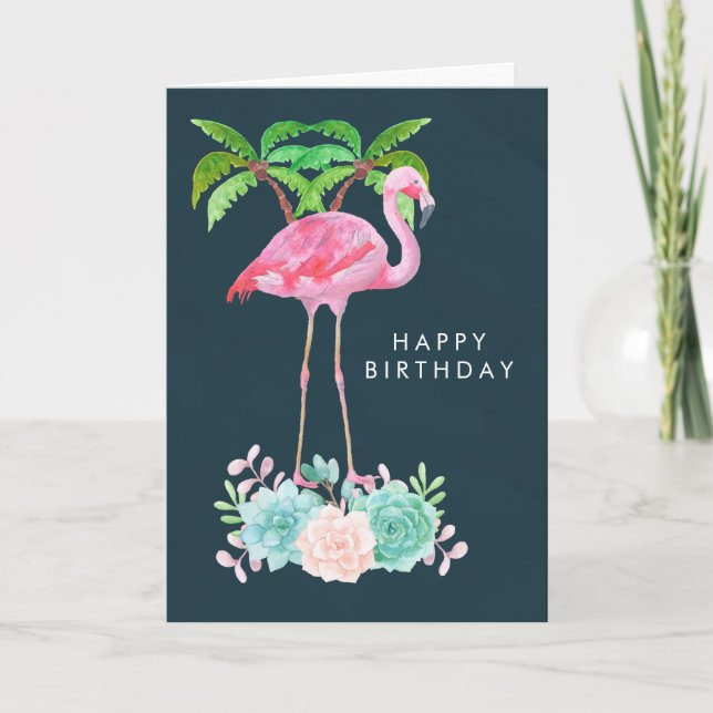 Pink Flamingo Palm trees and Succulents Birthday Card (Front)