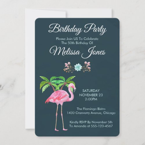 Pink Flamingo Palm trees and Succulents Birthday Invitation