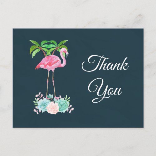 Pink Flamingo Palm trees and Succulents Thank You Postcard