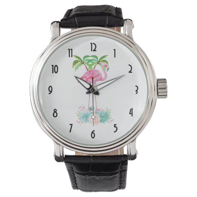 Pink Flamingo Palm trees and Succulents Watch (Front)