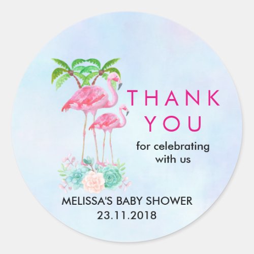 Pink Flamingo Palm trees Baby Shower Thanks Classic Round Sticker