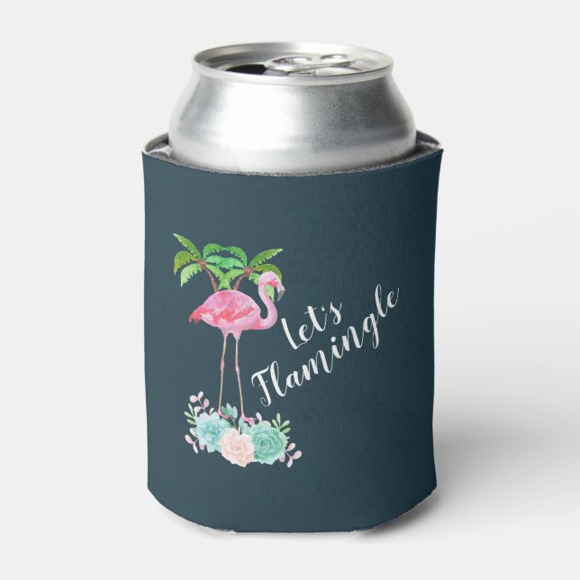 Pink Flamingo & Palm trees Let's Flamingle Can Cooler (Can Front)