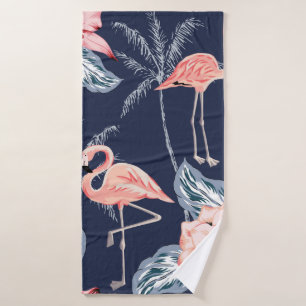 Pink flamingo, palm trees, rose, orchid flower, le bath towel