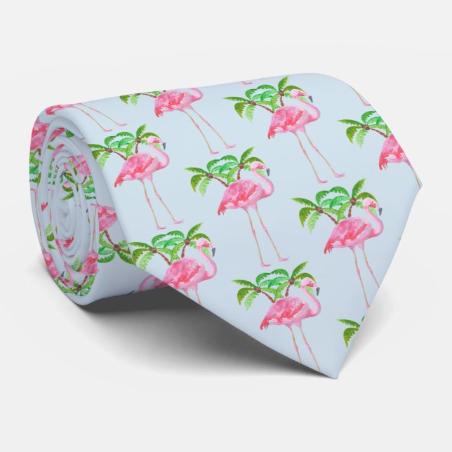 Pink Flamingo Palm trees Tropical Style Neck Tie (Rolled)