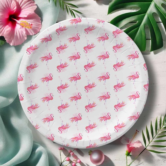 Pink Flamingo Paper Plates for Party (Paper plates for party designed with hand painted watercolor pink flamingo art Victoria Grigaliunas)