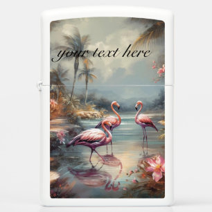 Pink Flamingo Paradise Custom Name White Zippo Lighter
