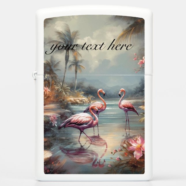 Pink Flamingo Paradise Custom Name White  Zippo Lighter (Front)