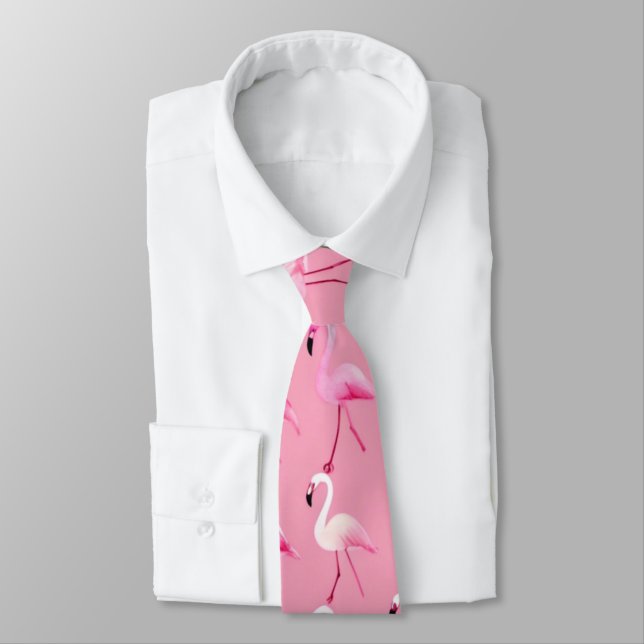 Pink Flamingo Paradise Watercolor Pattern Neck Tie (Tied)