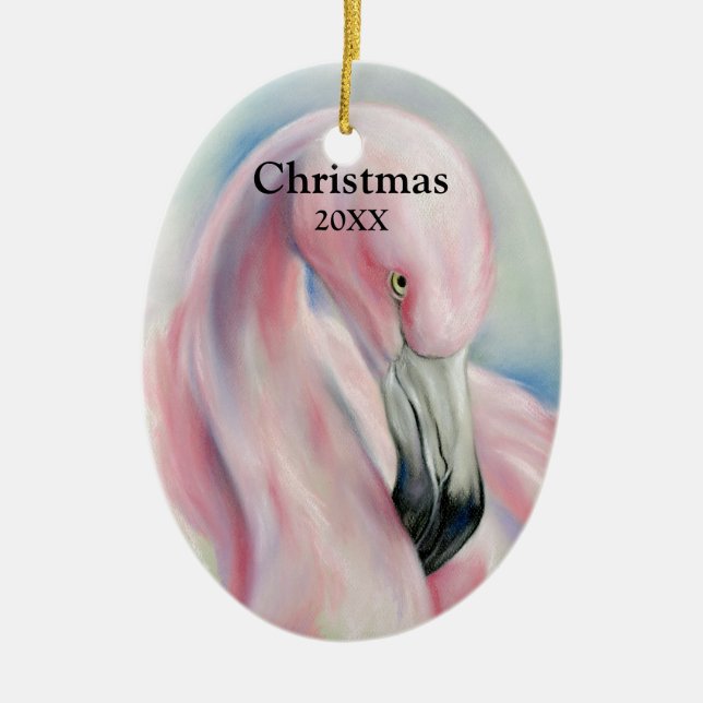 Pink Flamingo Pastel Art Christmas Ceramic Ornament (Front)