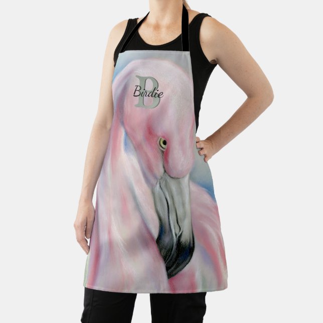 Pink Flamingo Pastel Art Monogrammed Apron (Insitu)