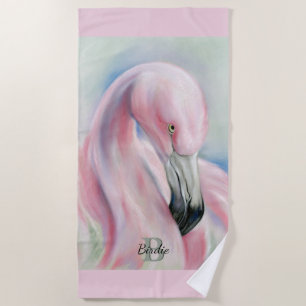 Pink Flamingo Pastel Art Personalized Beach Towel