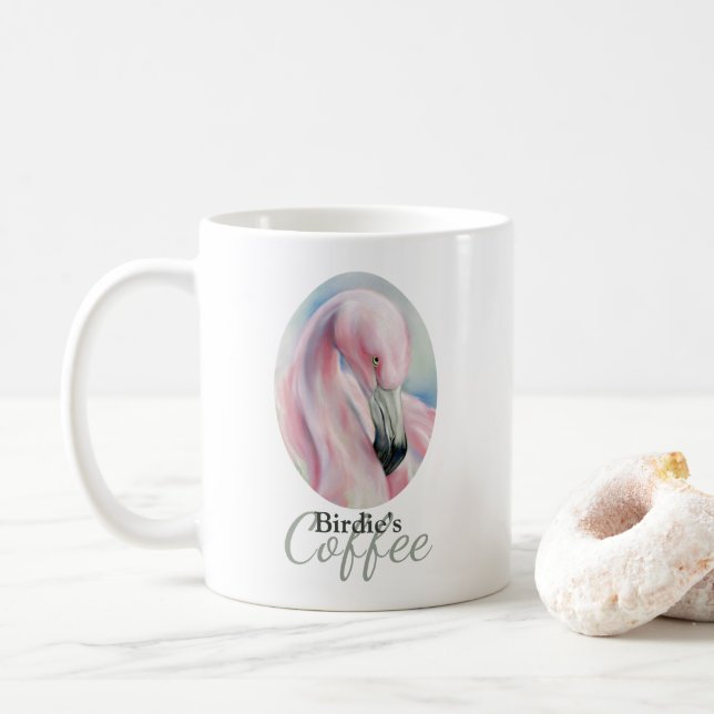 Pink Flamingo Pastel Art Personalized Coffee Mug (With Donut)