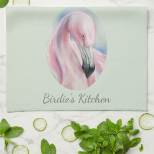 Pink Flamingo Pastel Art Personalized Name Kitchen Towel