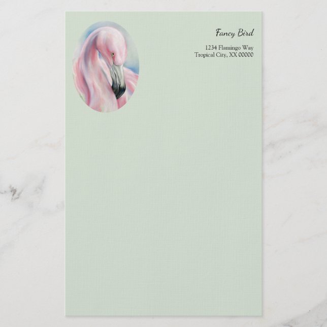 Pink Flamingo Pastel Art Personalized Stationery (Front)