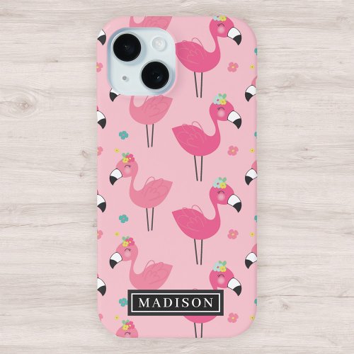 Pink Flamingo Pattern Custom Name Template iPhone 15 Case