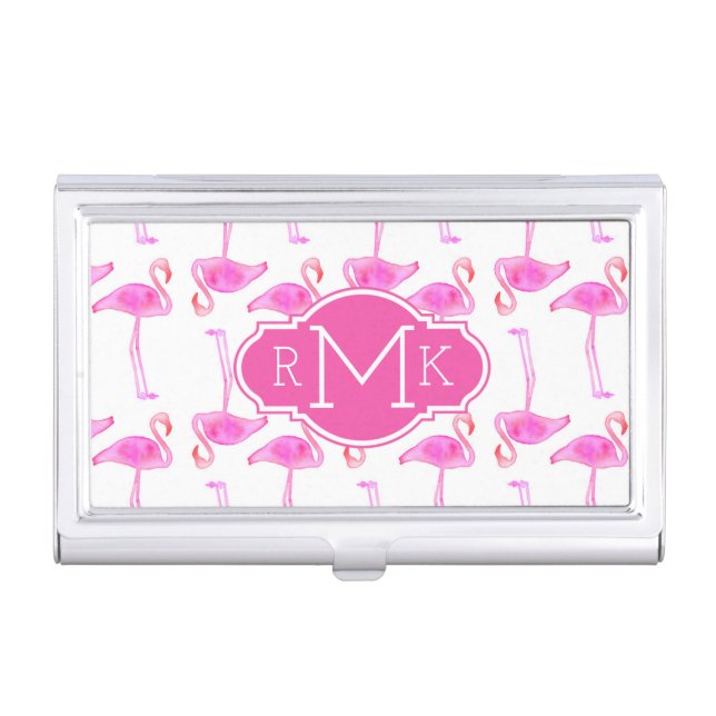 Pink Flamingo Pattern | Monogram Business Card Case (Front)