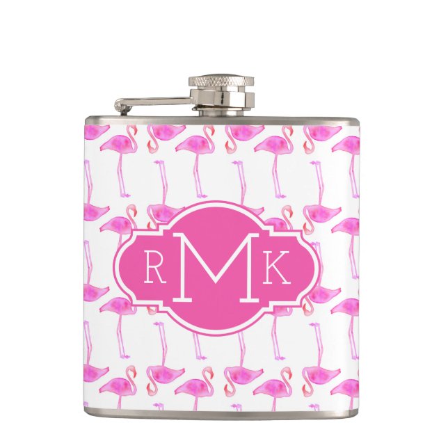 Pink Flamingo Pattern | Monogram Flask (Front)