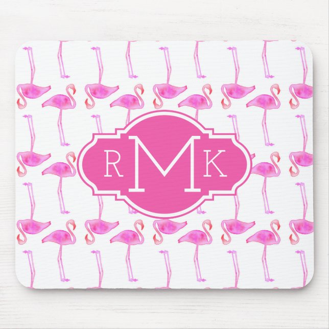 Pink Flamingo Pattern | Monogram Mouse Pad (Front)