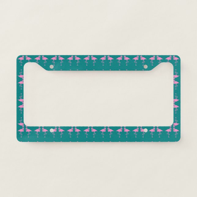 Pink Flamingo Pattern on Teal License Plate Frame (Front)