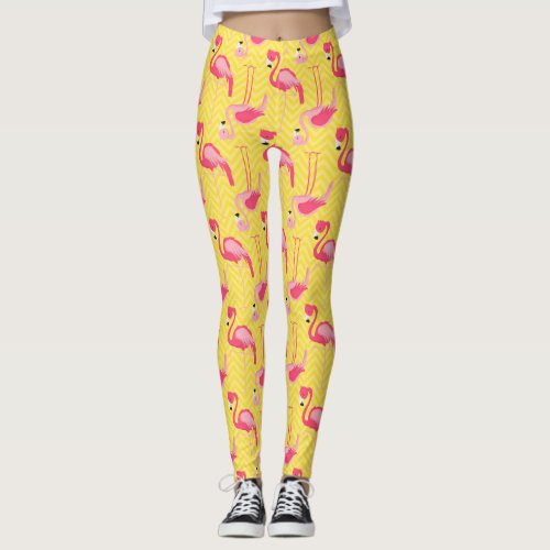 Pink Flamingo Pattern on Yellow Girly Leggings