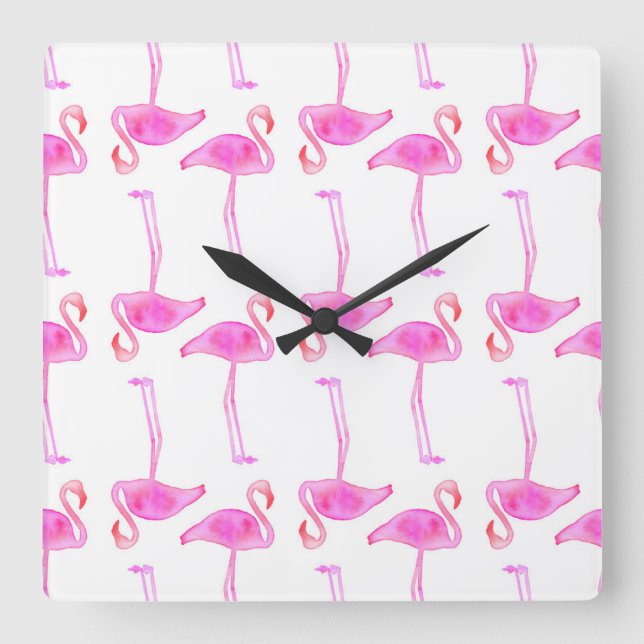 Pink Flamingo Pattern Square Wall Clock (Front)