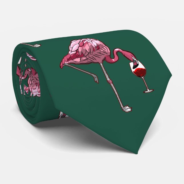 Pink Flamingo Pattern Wine Drinker Green Novelty Neck Tie (Rolled)