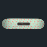Pink Flamingo Pattern with First Name Skateboard<br><div class="desc">This is a drawing of a flamingo bird that was made into a pattern. The background is a pretty mint color.  There is a frame in the design where you can have your name printed.</div>