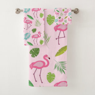 Pink Flamingo Pattern with Tropical Leaves   Bath Towel Set