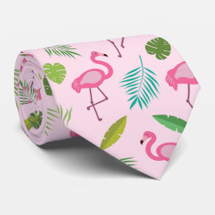 Pink Flamingo Pattern with Tropical leaves  Neck Tie