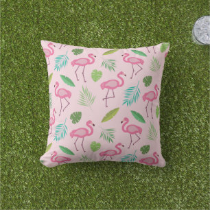 Pink Flamingo Pattern with Tropical leaves Outdoor Pillow