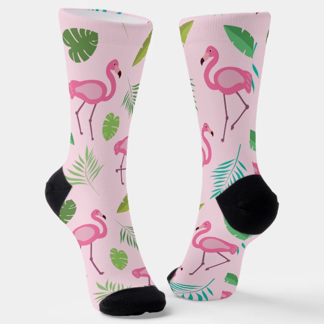 Pink Flamingo Pattern with Tropical leaves  Socks (Angled)