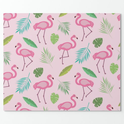 Pink Flamingo Pattern with Tropical leaves  Wrapping Paper