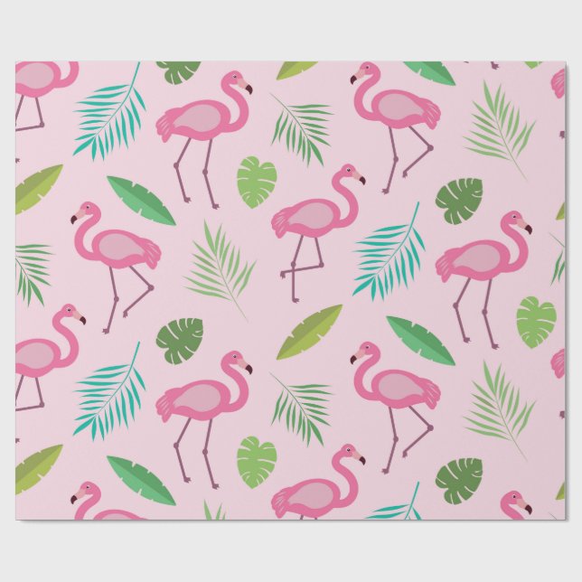 Pink Flamingo Pattern with Tropical leaves  Wrapping Paper (Flat)