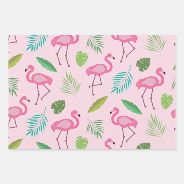 Pink flamingo pattern  with tropical leaves  wrapping paper sheets (Front)