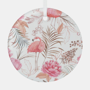 Pink flamingo, peony watercolor pattern. glass ornament