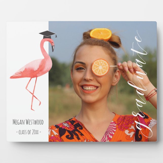 Pink flamingo personalised Graduation Photo Plaque (Front)