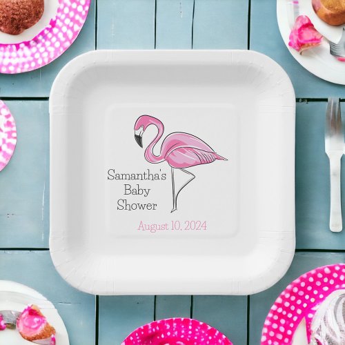 Pink Flamingo Personalized Baby Shower Paper Plates