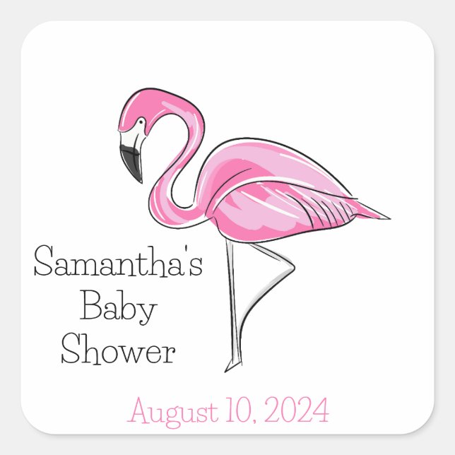 Pink Flamingo Personalized Baby Shower Square Sticker (Front)