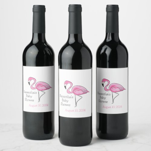 Pink Flamingo Personalized Baby Shower Wine Label