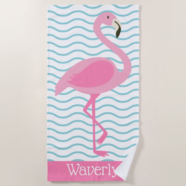 Pink Flamingo Personalized Beach Towel (Front)