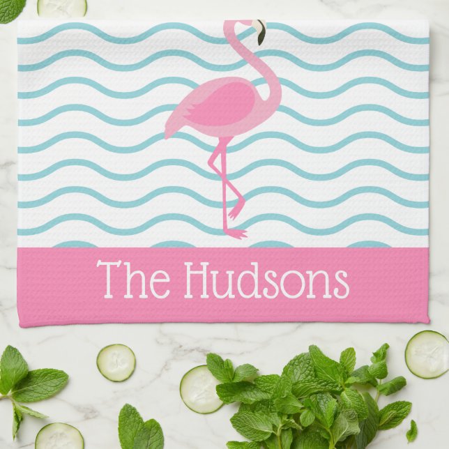Pink Flamingo Personalized Kitchen Towel (Folded)