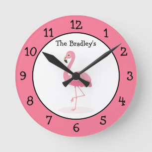 Pink Flamingo Personalized Round Clock
