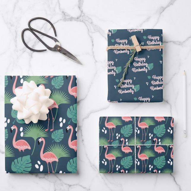 Pink Flamingo Personalized  Wrapping Paper Sheets (Front)