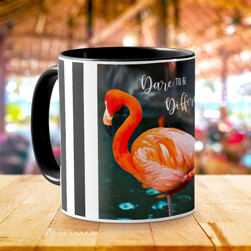 Pink Flamingo Photo Black White Stripes Dare Quote Mug