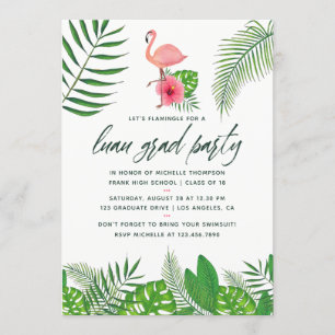 Pink Flamingo Photo Watercolor Luau Graduation Announcement