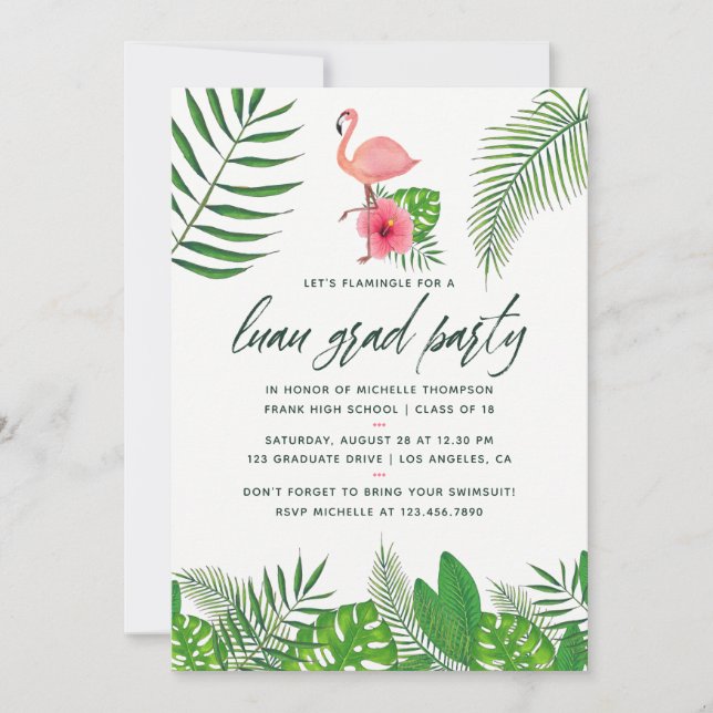 Pink Flamingo Photo Watercolor Luau Graduation Announcement (Front)